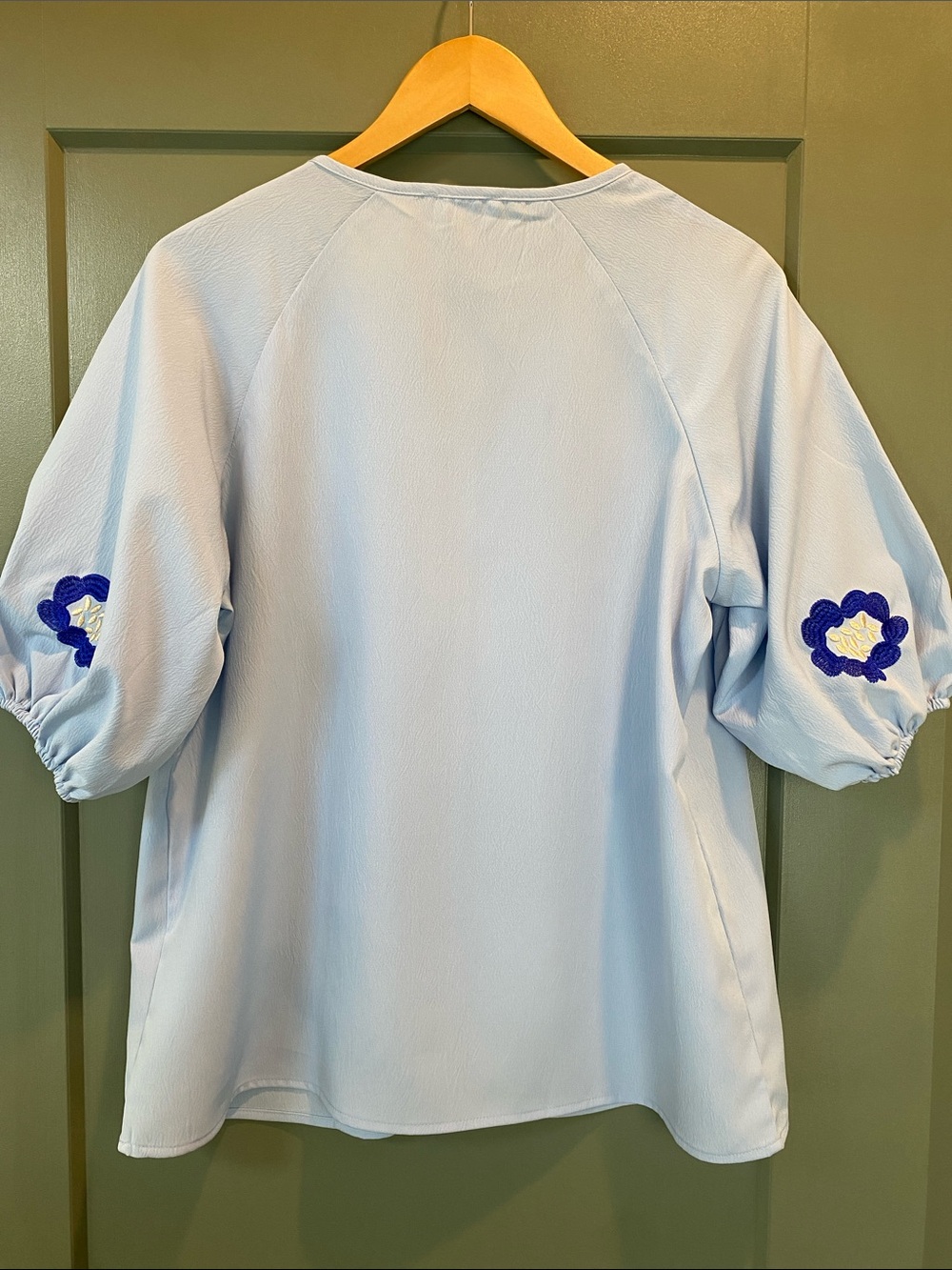 Embroidered Light Blue Puff-Sleeve Peasant Blouse - Picture 5 of 7